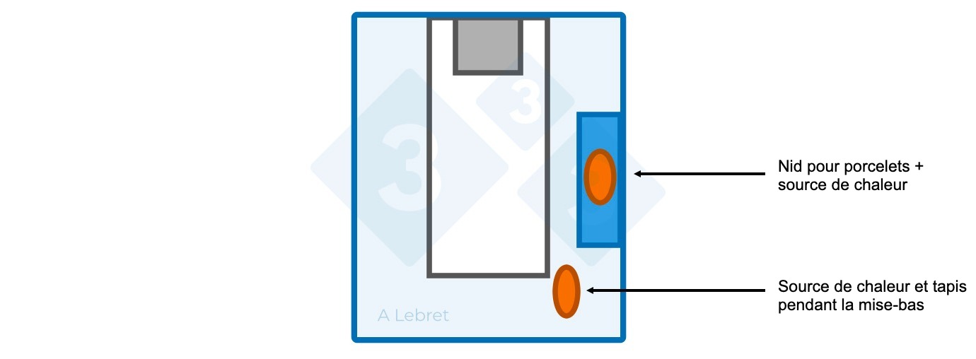 <p>Figure 1 : Disposition de la case de mise bas et gestion de la temp&eacute;rature (truie et porcelets)&nbsp;</p>
